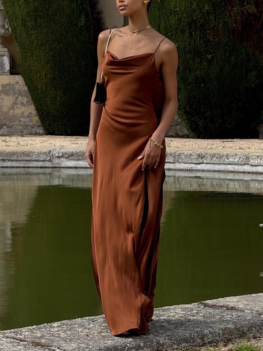 Brown satin slip maxi dress with spaghetti straps and high side slit.