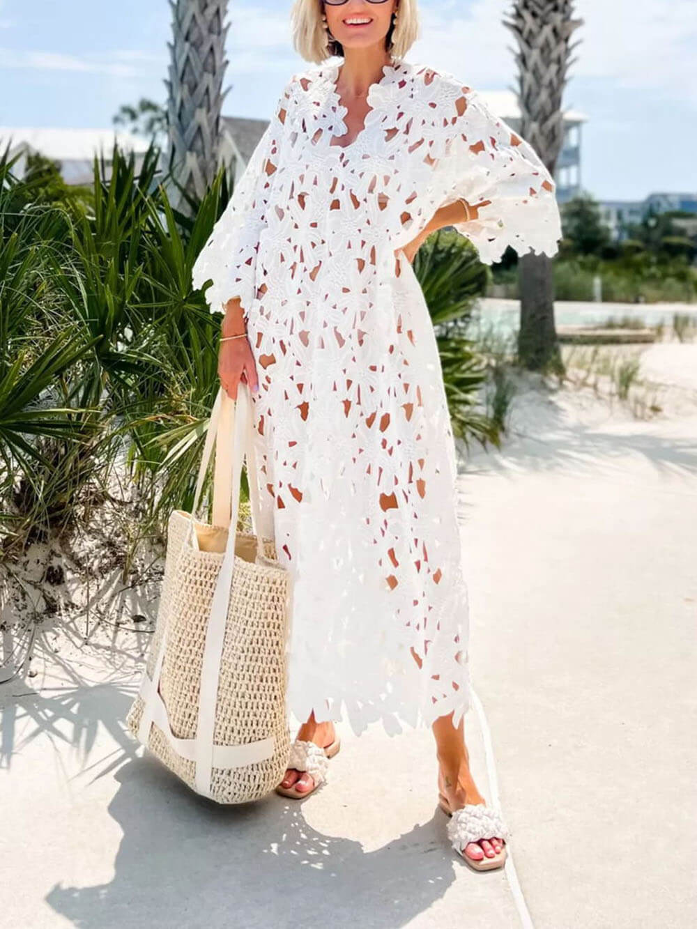 White guipure lace kaftan maxi dress with V-neck, hollow-out floral cutouts, scalloped hem