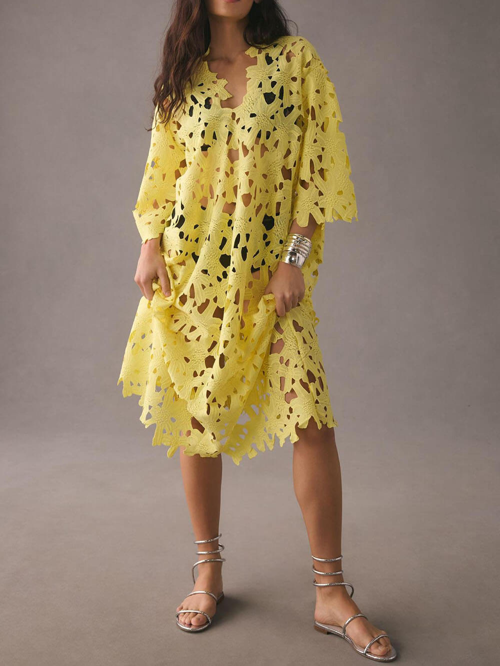 Yellow guipure lace kaftan maxi dress with V-neck, hollow-out floral cutouts, scalloped hem