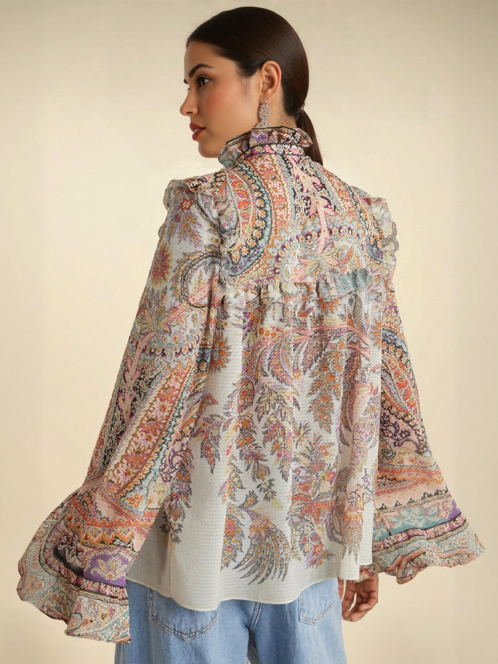 Back view: paisley chiffon blouse with long bell sleeves and ruffle trim