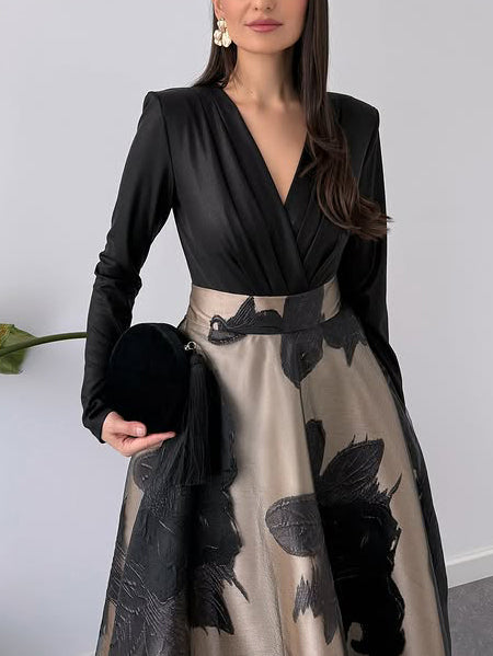Black organza V-neck long-sleeve maxi dress with A-line skirt and black-beige floral print
