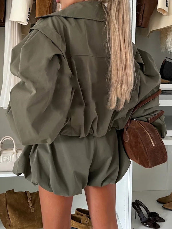 Army green high-waist cotton paperbag shorts with belt tie, pleated balloon shape