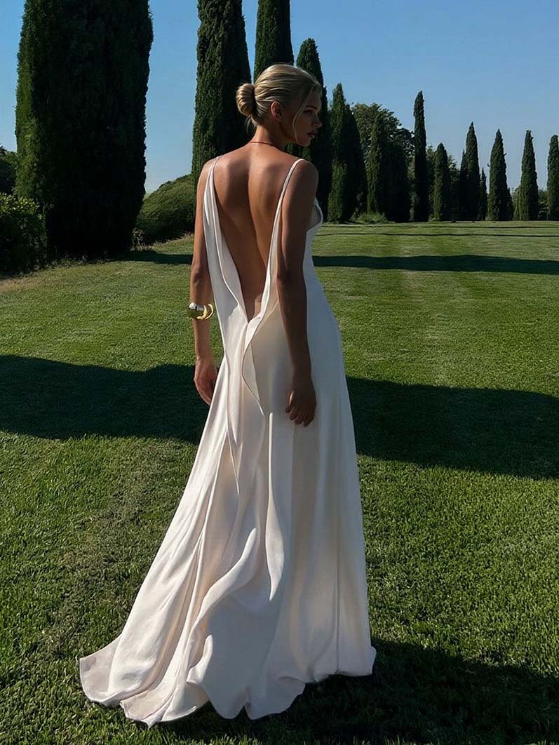 White satin cowl neck slip maxi dress, open back with long flowing skirt