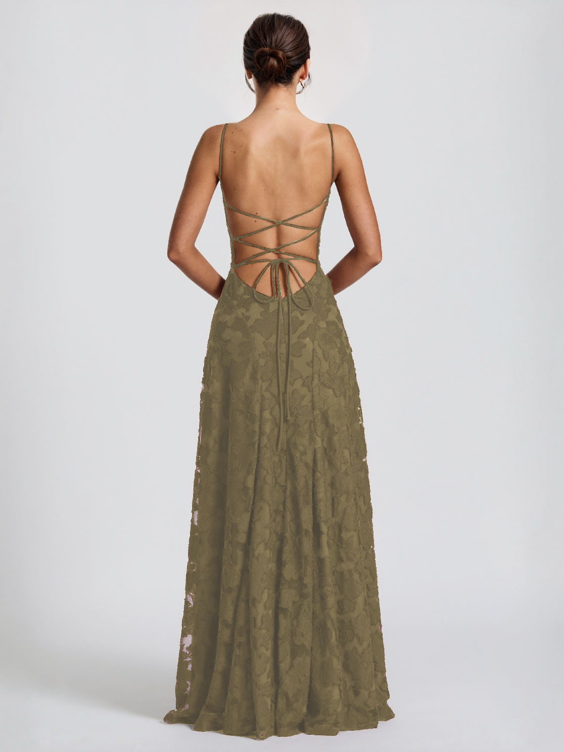 Olive satin spaghetti-strap maxi dress with lace-up back