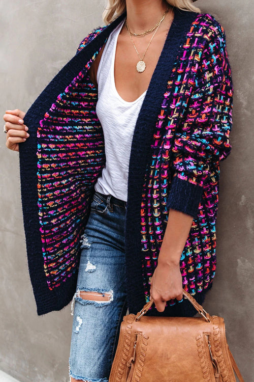 Multicolor knit cardigan in purple and navy with open front and long sleeves