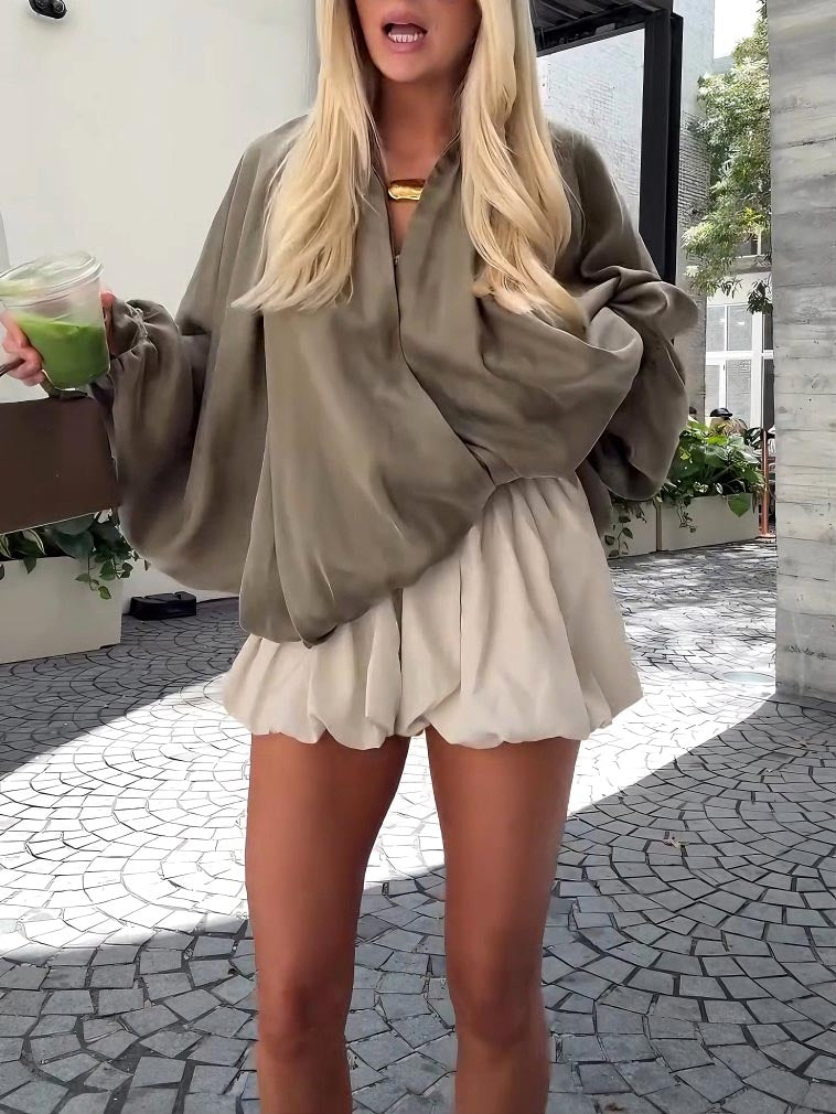 Cream satin high-waist bubble-hem mini shorts, short length with gathered hem