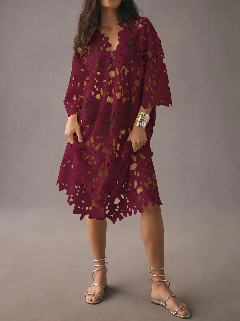 Wine red guipure lace kaftan maxi dress with V-neck, hollow-out floral cutouts, scalloped hem