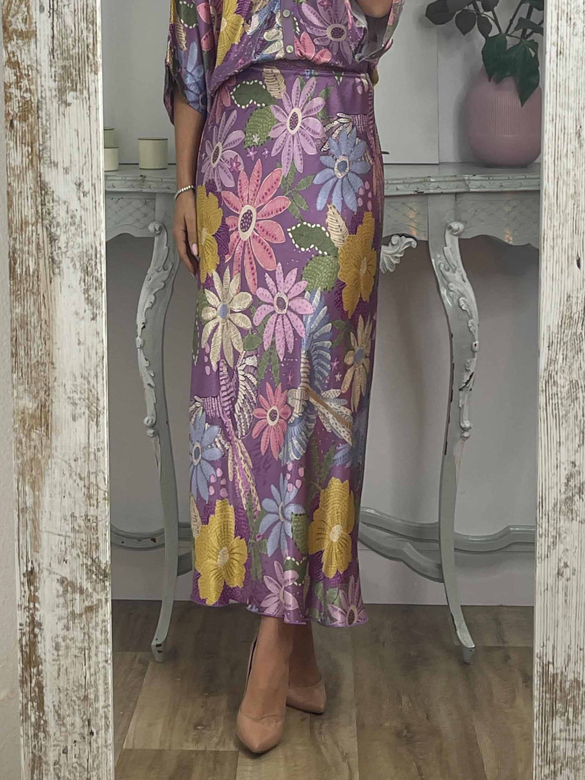 Floral satin midi skirt in purple with multicolor flower print and high-waist bias drape