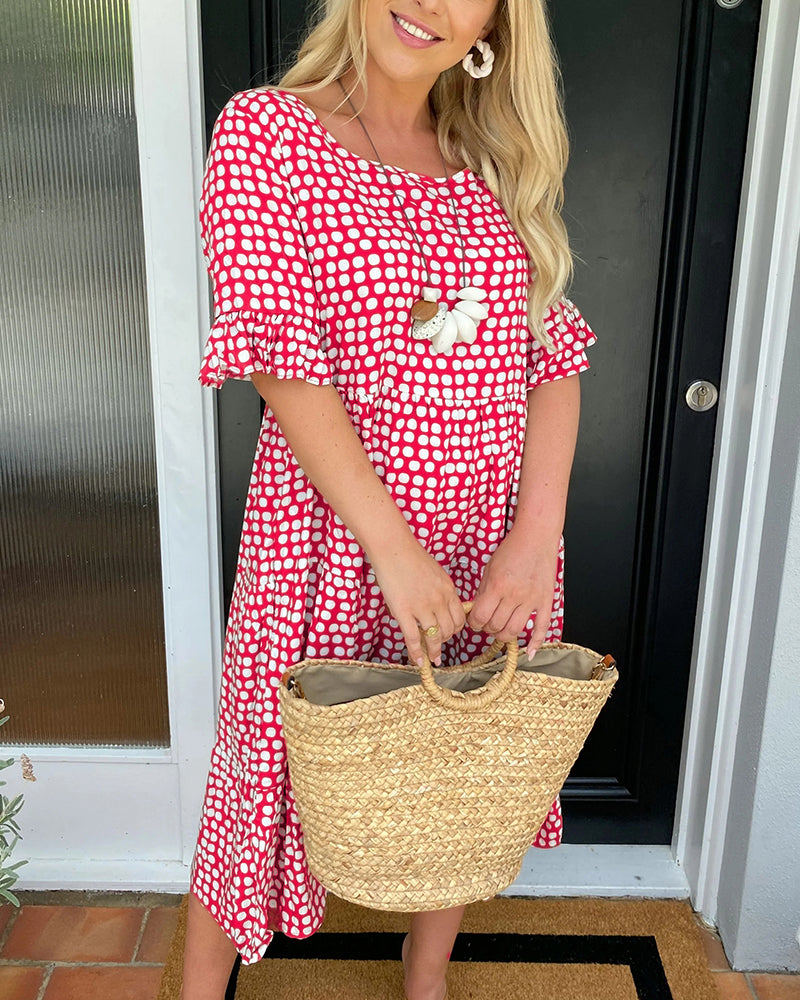 Red polka-dot viscose midi dress with smocked waist, flutter sleeves, ruffle hem