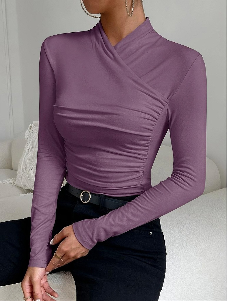 Purple viscose mock neck long-sleeve top with ruched crossover wrap front