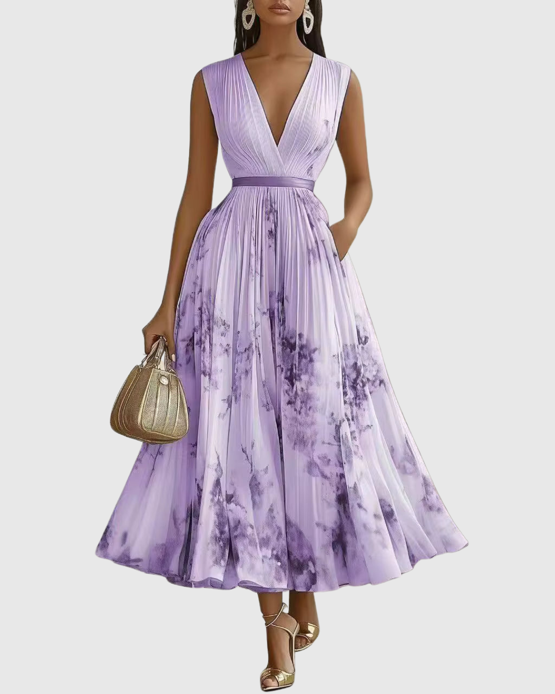 Pleated maxi dress with sleeveless V-neck, purple floral print and cinched waist