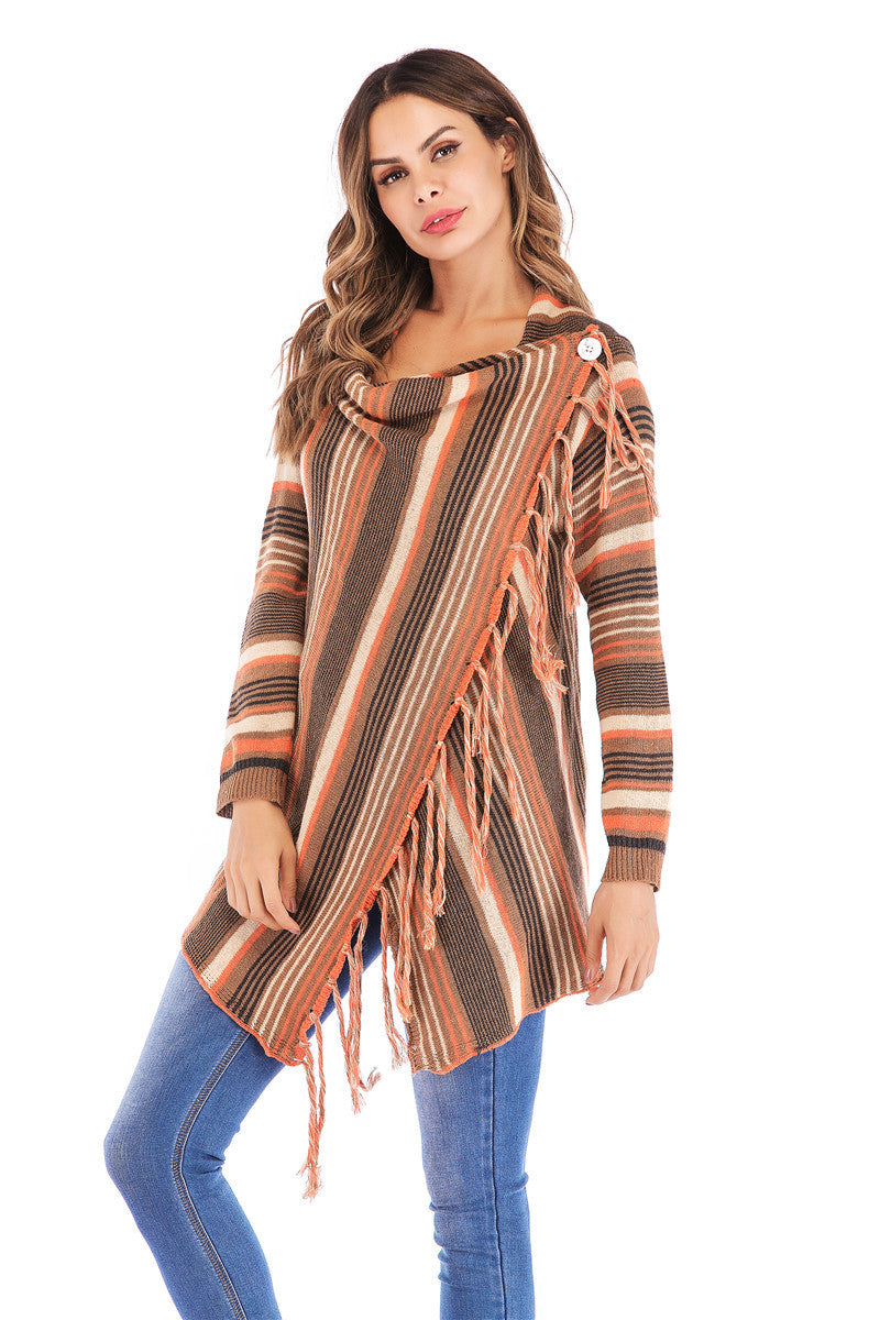 Women’s orange striped wrap cardigan with fringe edges and shawl collar