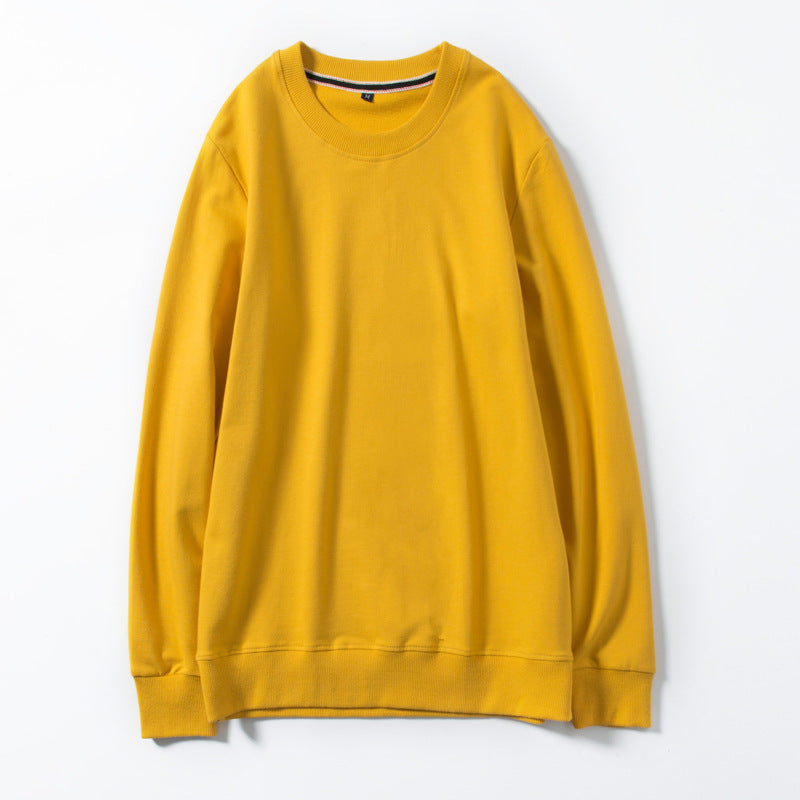 Yellow round-neck cotton pullover sweater, long sleeves with ribbed cuffs and hem