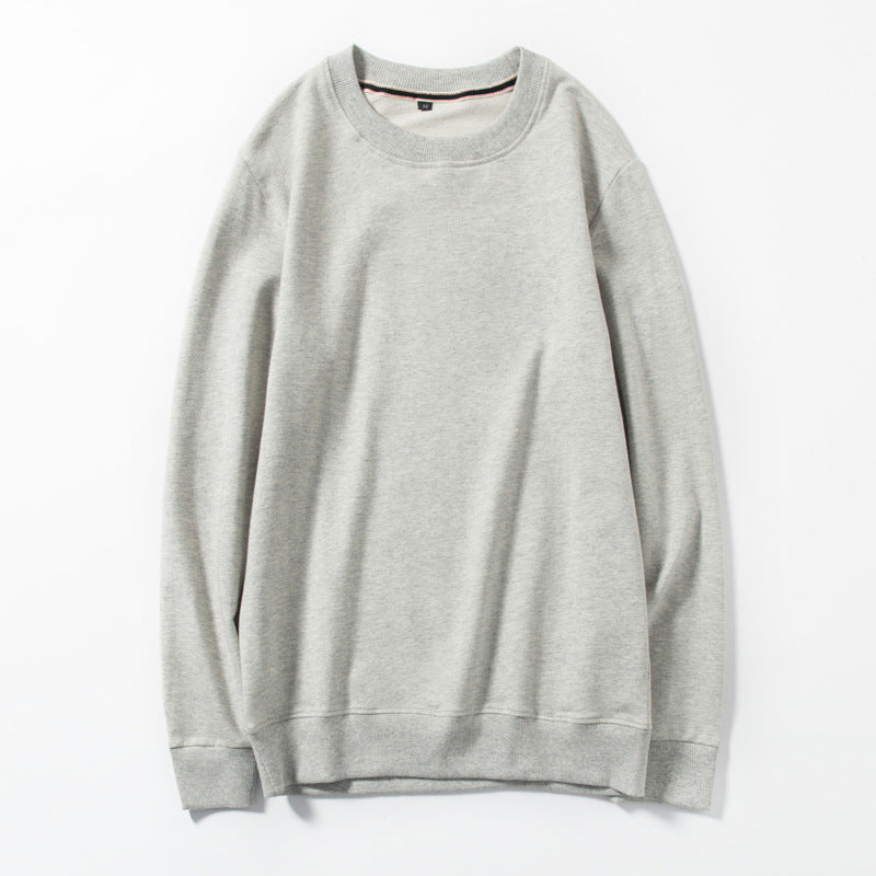 Grey round-neck cotton pullover sweater, long sleeves with ribbed cuffs and hem