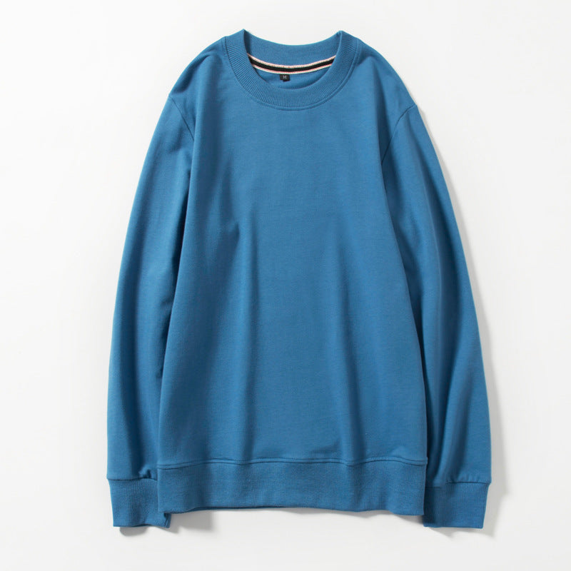 Blue round-neck cotton pullover sweater, long sleeves with ribbed cuffs and hem