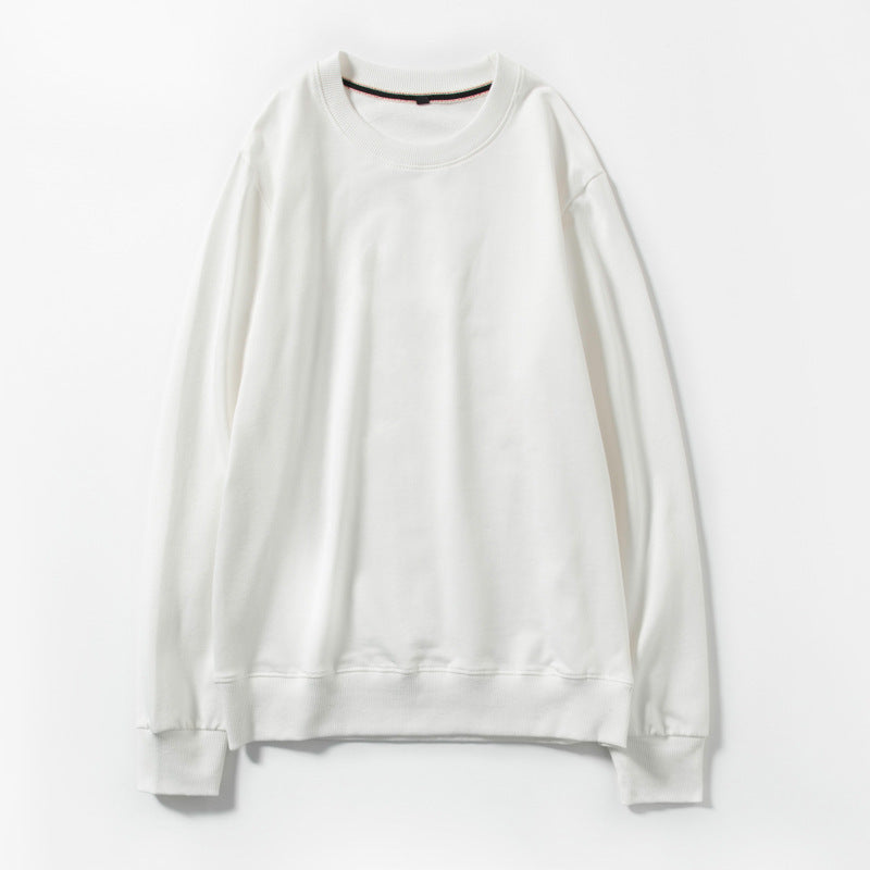 White round-neck cotton pullover sweater, long sleeves with ribbed cuffs