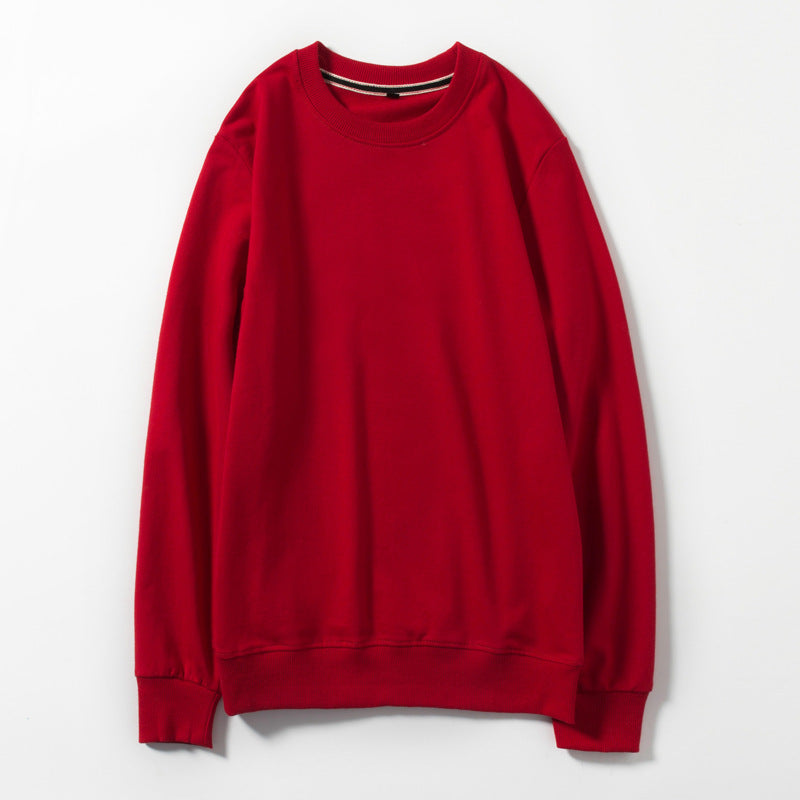 Red round-neck cotton pullover sweater, long sleeves with ribbed cuffs and hem
