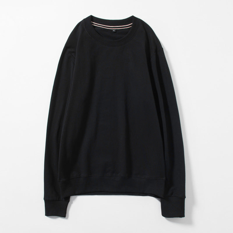 Black round-neck cotton pullover sweater, long sleeves with ribbed cuffs and hem