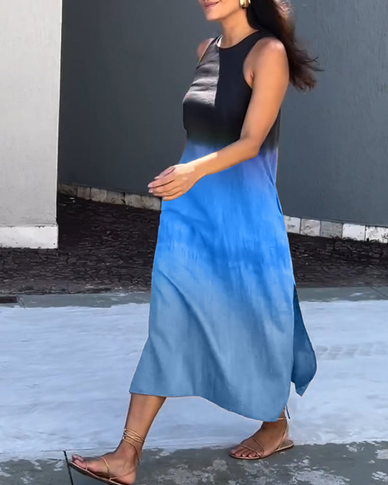 Sleeveless viscose ombre midi dress, crew neck with side slit, dark-to-blue gradient.
