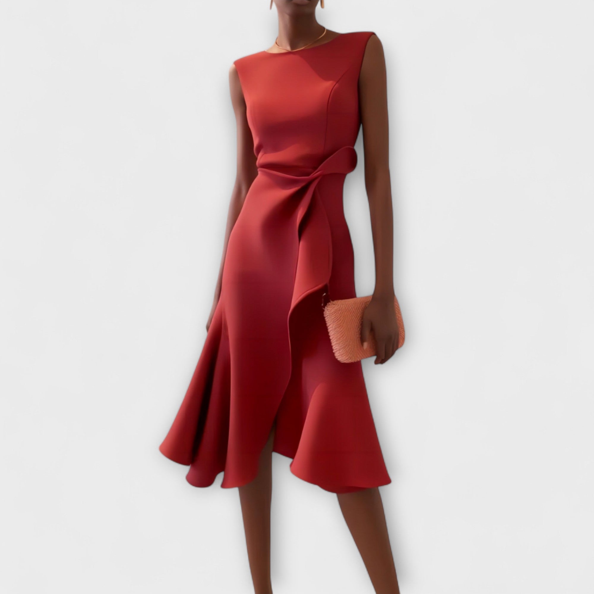 Red sleeveless crepe midi dress with draped waist and asymmetric ruffle hem