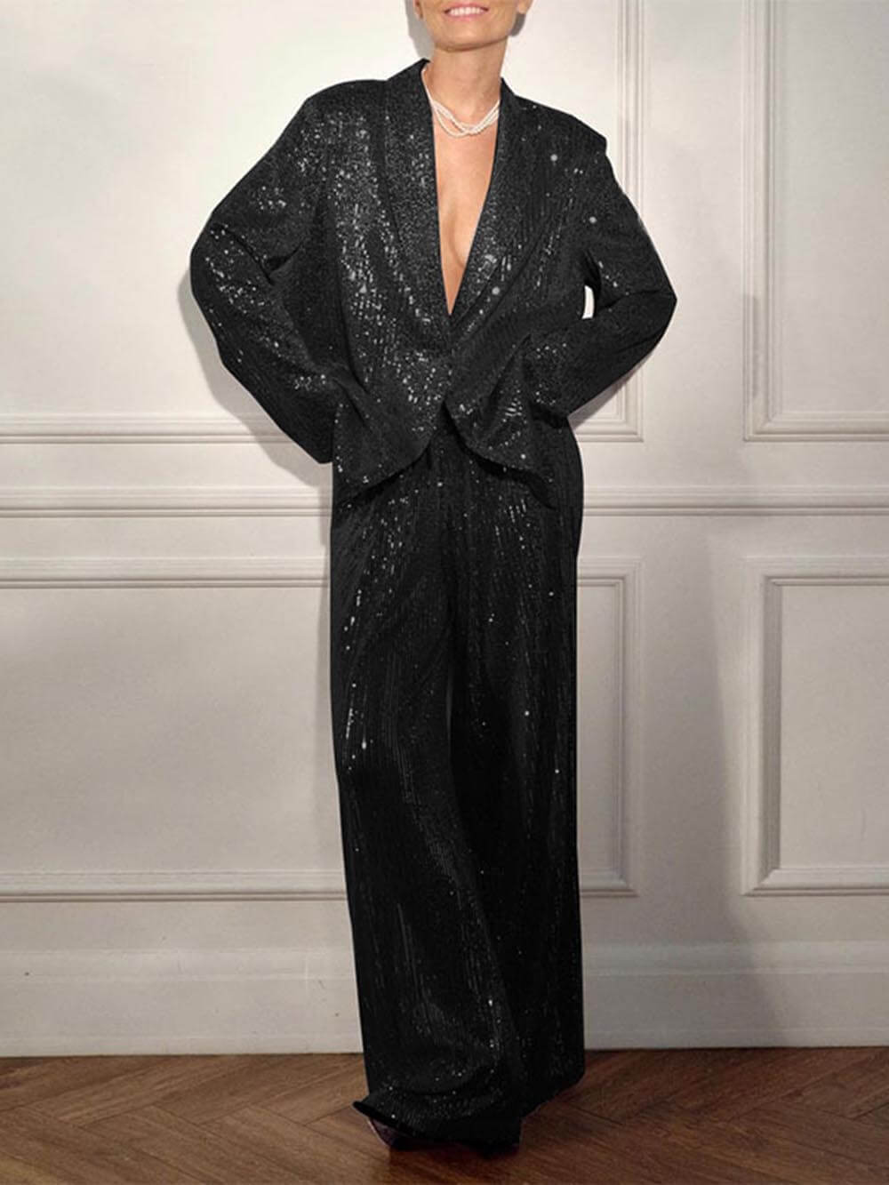 Black sequin longline blazer with open V-neck and relaxed full-length styling