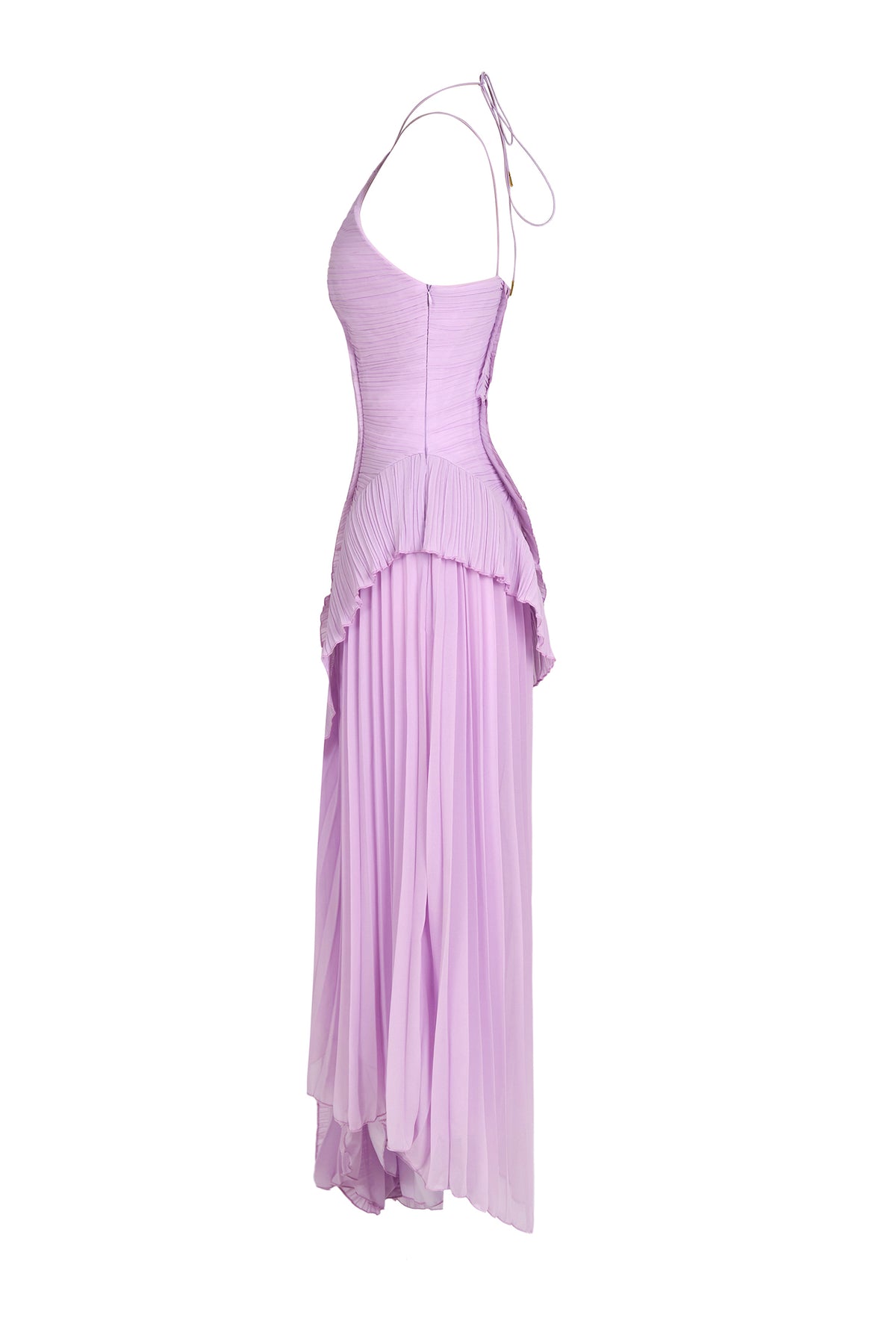 Lilac chiffon halter maxi dress with cross-back straps and cascading ruffle skirt