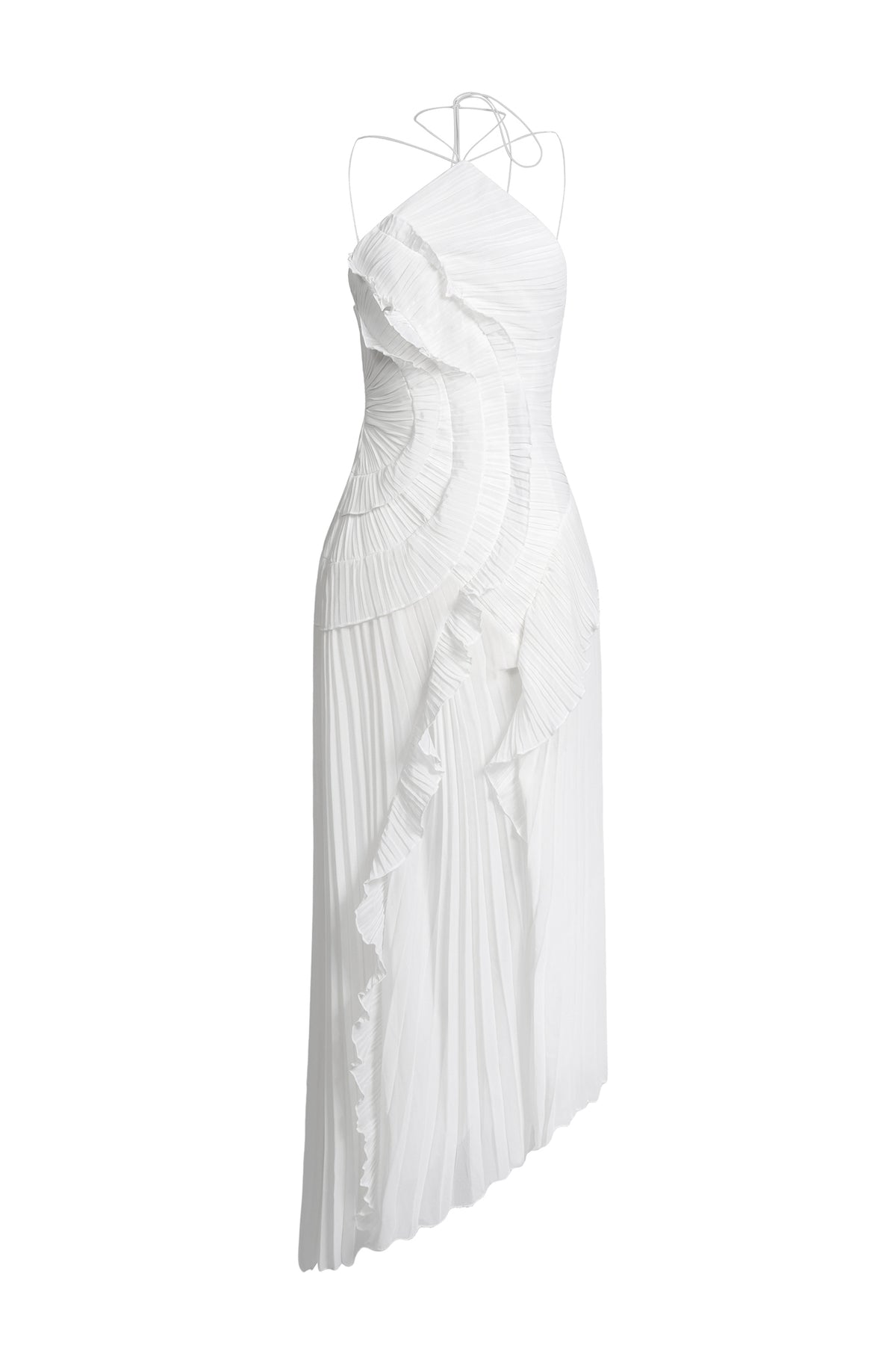 White chiffon halter maxi dress on hanger, pleated bodice and layered ruffle skirt