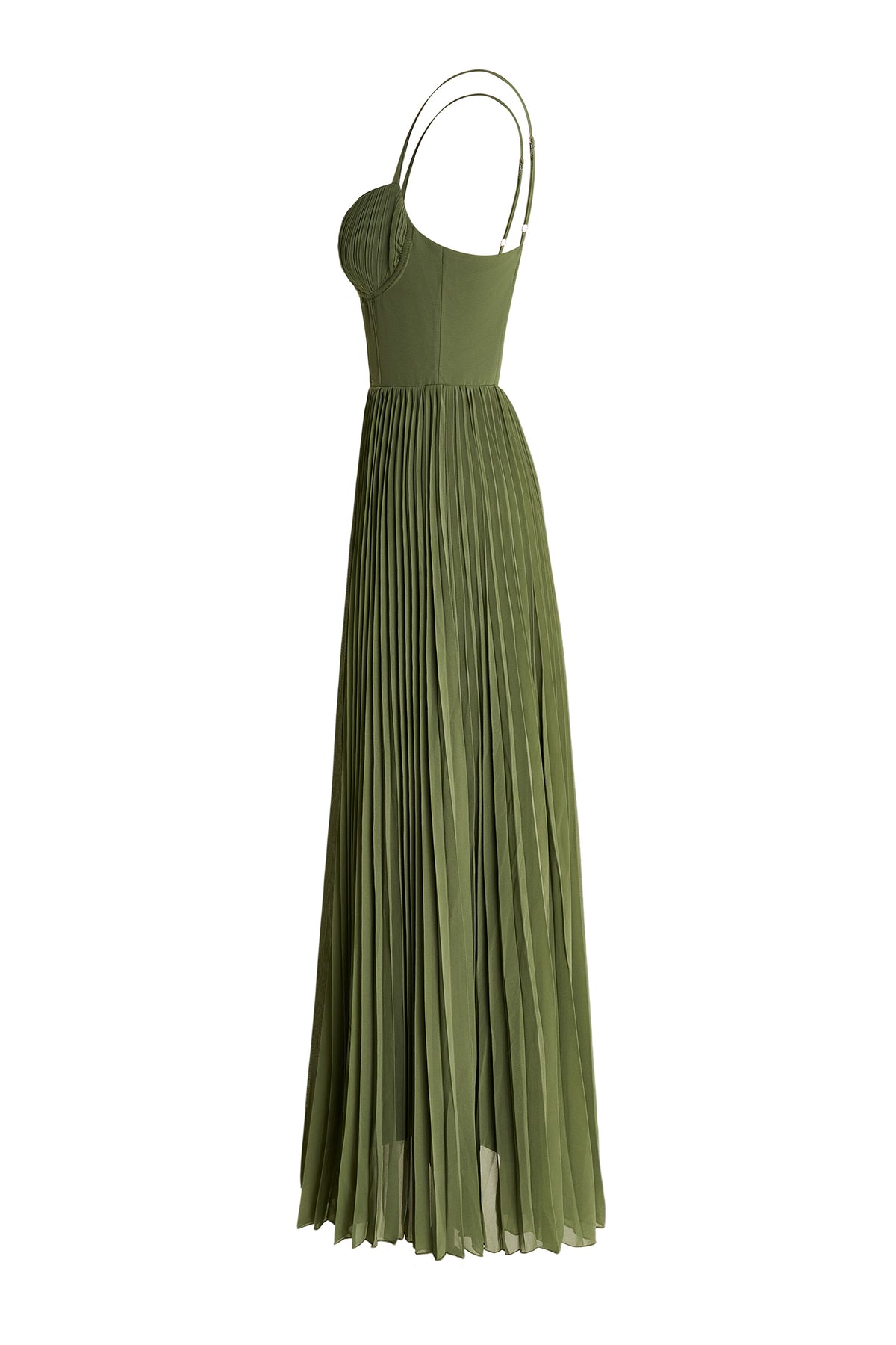Olive-green chiffon midi dress side view with corset bodice and pleated skirt