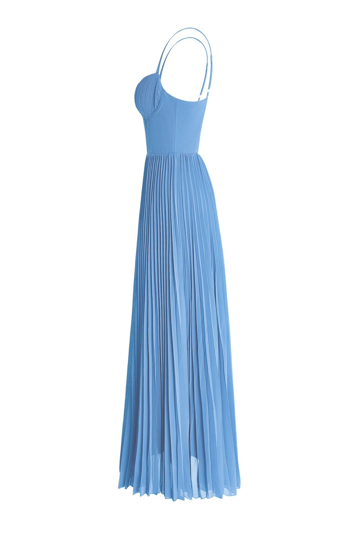 Blue midi chiffon dress with corset bodice and pleated skirt, spaghetti straps