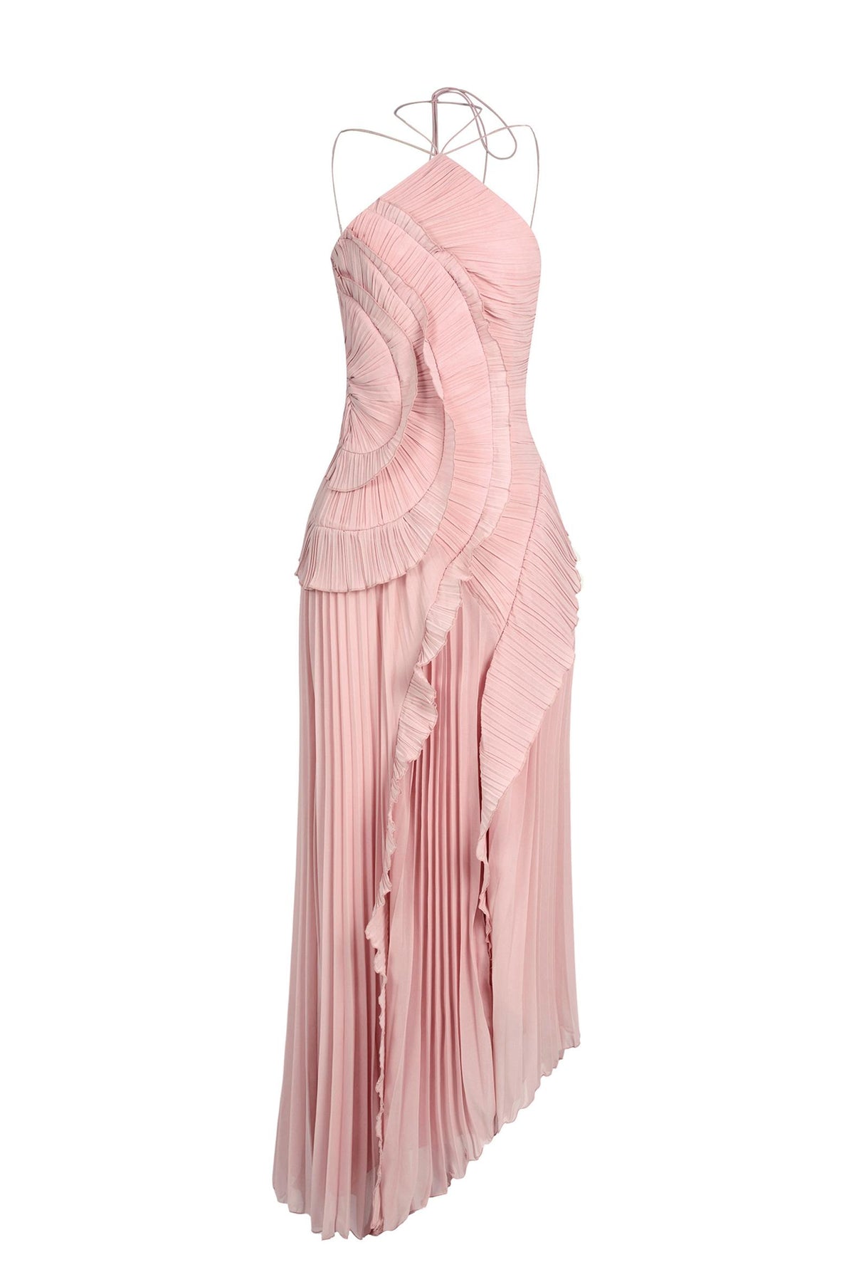 Lavender chiffon halter maxi dress on a hanger with ruffled pleats and asymmetrical hem