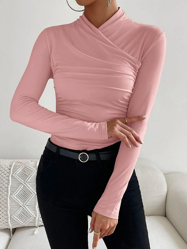 Pink viscose mock neck long-sleeve top with gathered ruched wrap waist