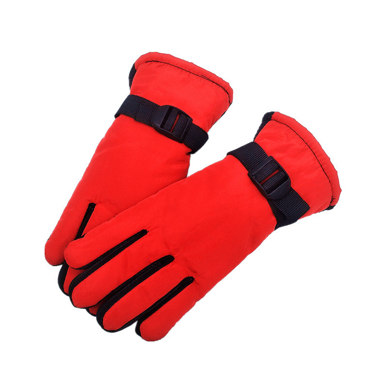 Thick winter ski gloves in red with black trim and adjustable wrist strap