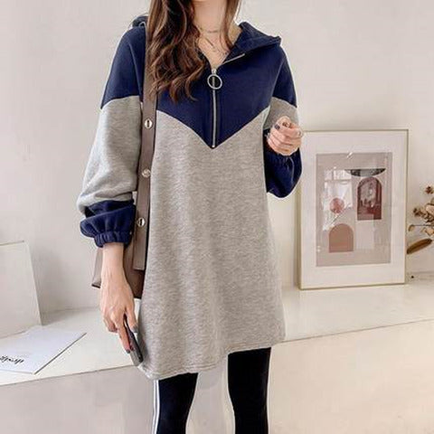 Color-block hooded zip sweatshirt jacket, navy and heather gray with loose fit