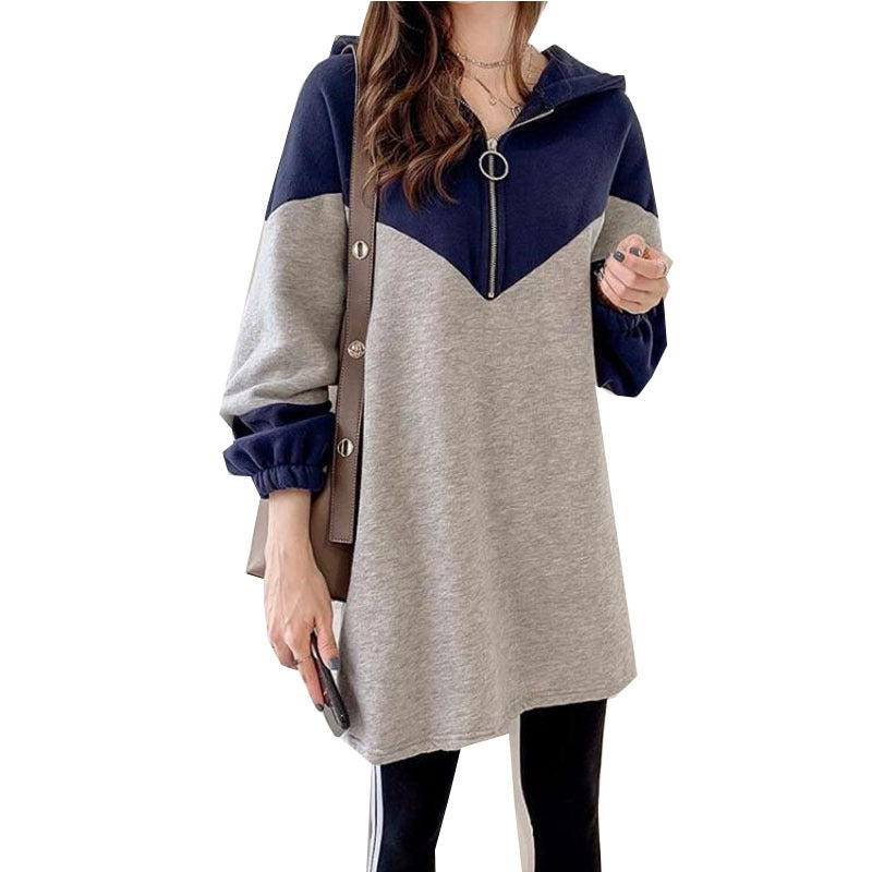 Loose fit color-block hooded zip sweatshirt jacket, navy and heather gray mid length