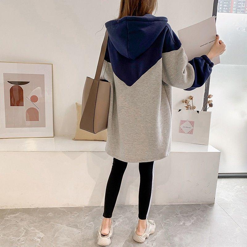 Back view hooded zip sweatshirt jacket in heather gray with navy hood and sleeves