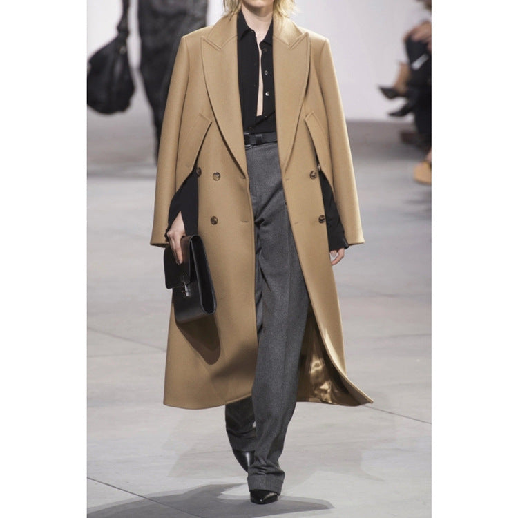 Tailored Wool Coat for Women — Slim Double Breasted Long Coat with Peak Lapels