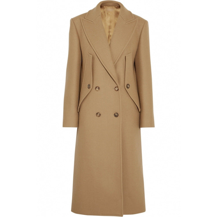 Tailored Wool Coat for Women — Slim Double Breasted Long Coat with Peak Lapels
