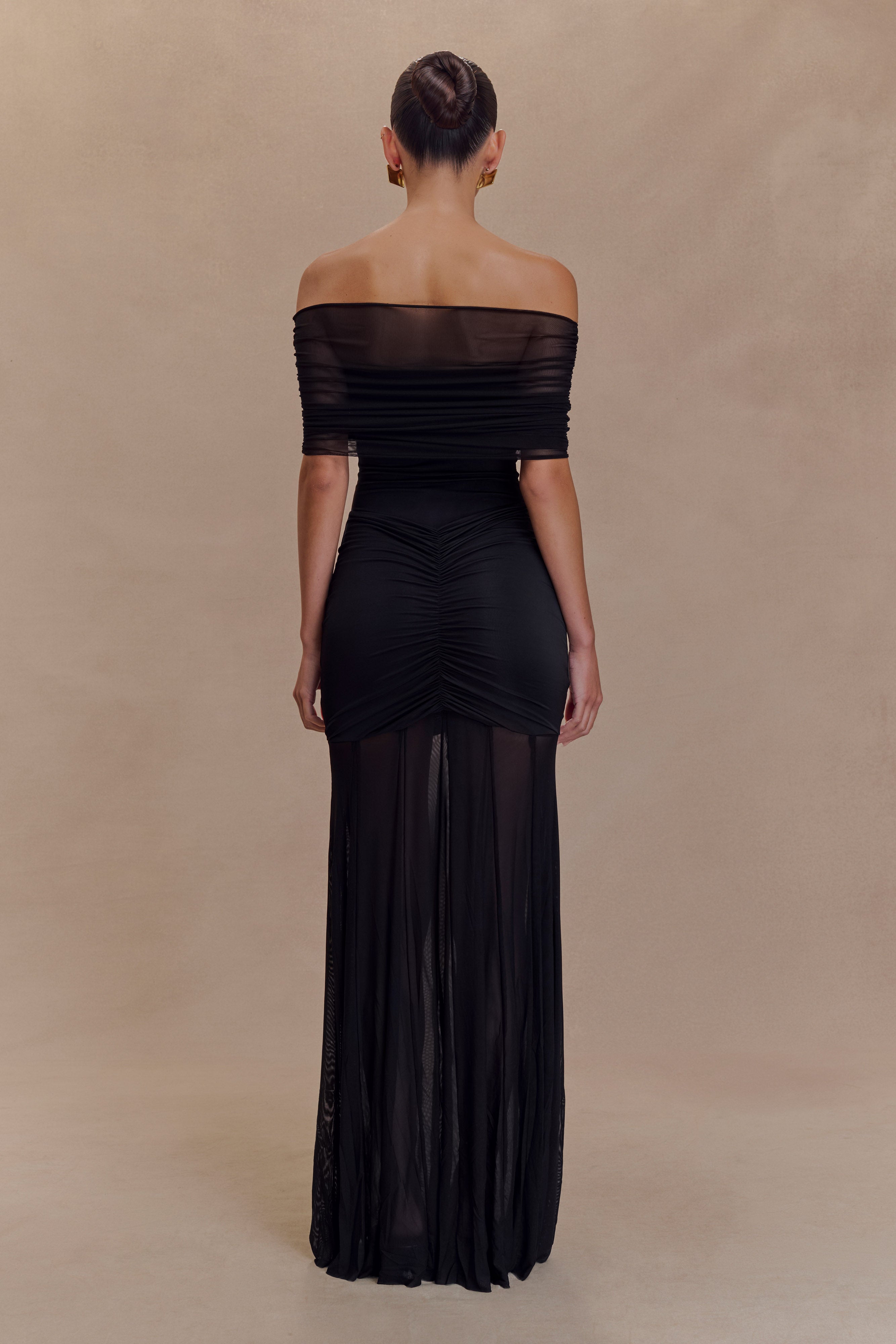 Black off-shoulder ruched bodycon maxi dress, sheer back mesh skirt panel