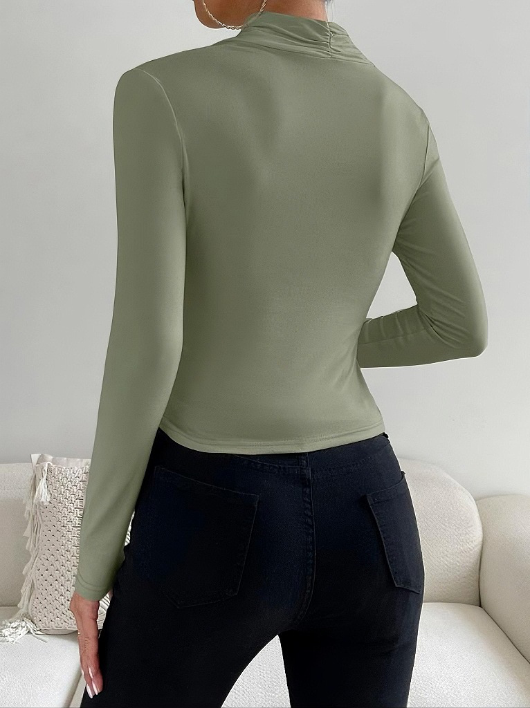 Sage green viscose mock neck long-sleeve top with smooth back drape