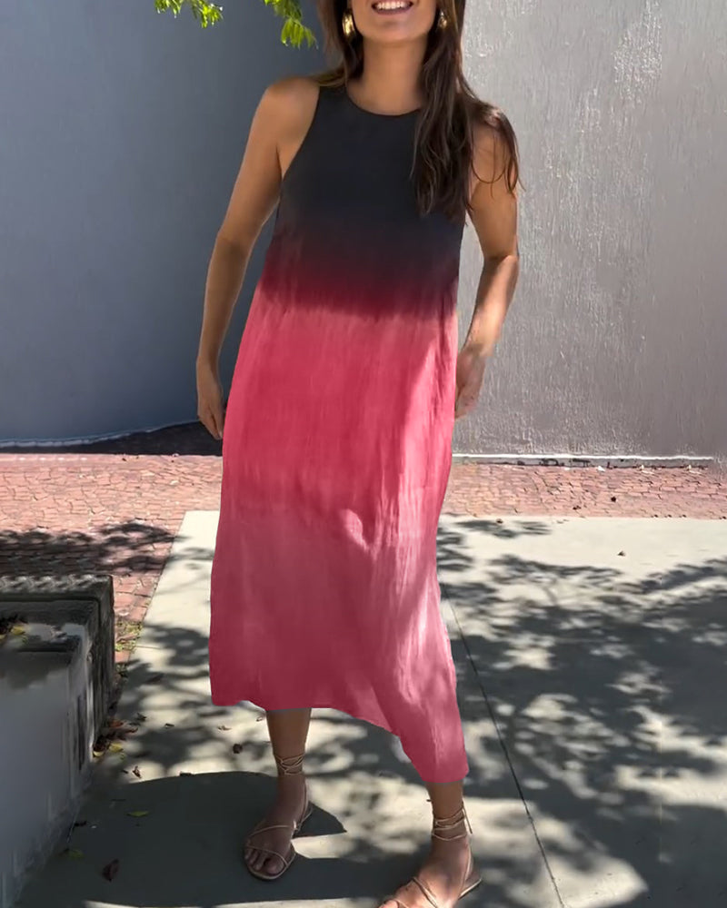 Sleeveless viscose ombre midi dress with crew neck and side slit, dark-to-red gradient.
