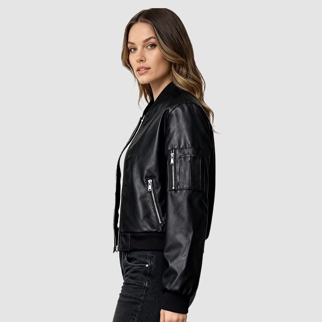 Black faux leather bomber jacket with stand collar, zip front, and sleeve zip pocket