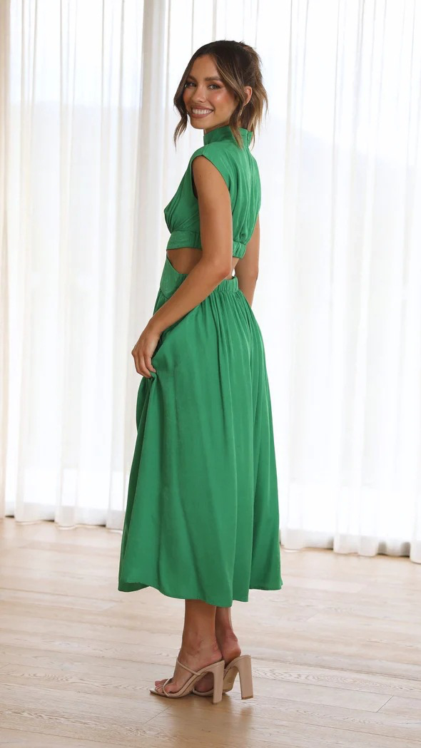 Green sleeveless mock-neck maxi dress with ruched bodice and gathered skirt