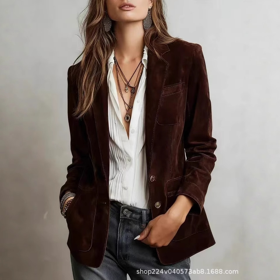 Women’s double-breasted oversized blazer, dark brown suede with chest pocket and gold buttons