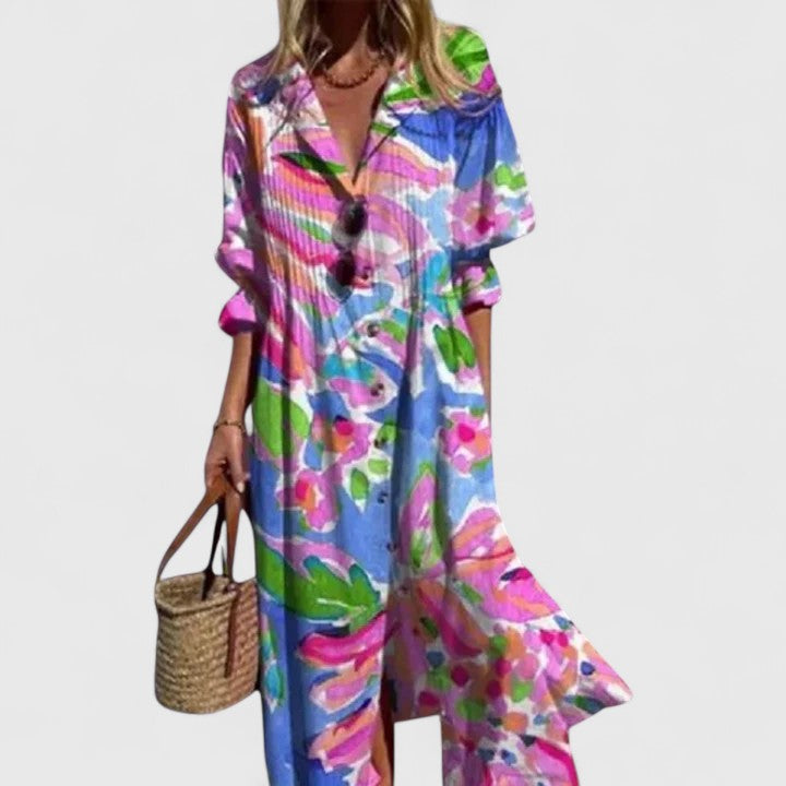 Boho printed maxi dress in bright pastel multicolor with button front and 3/4 sleeves