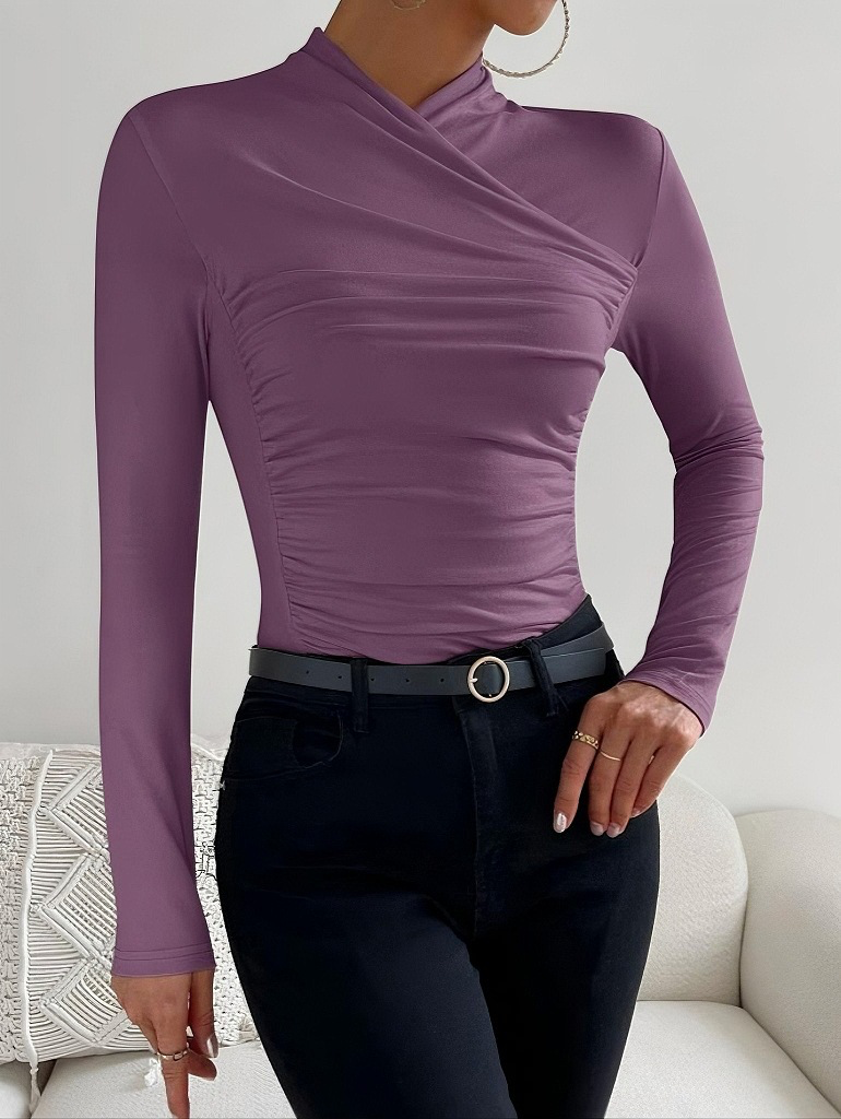 Purple viscose mock neck long-sleeve top with ruched wrap crossover detail