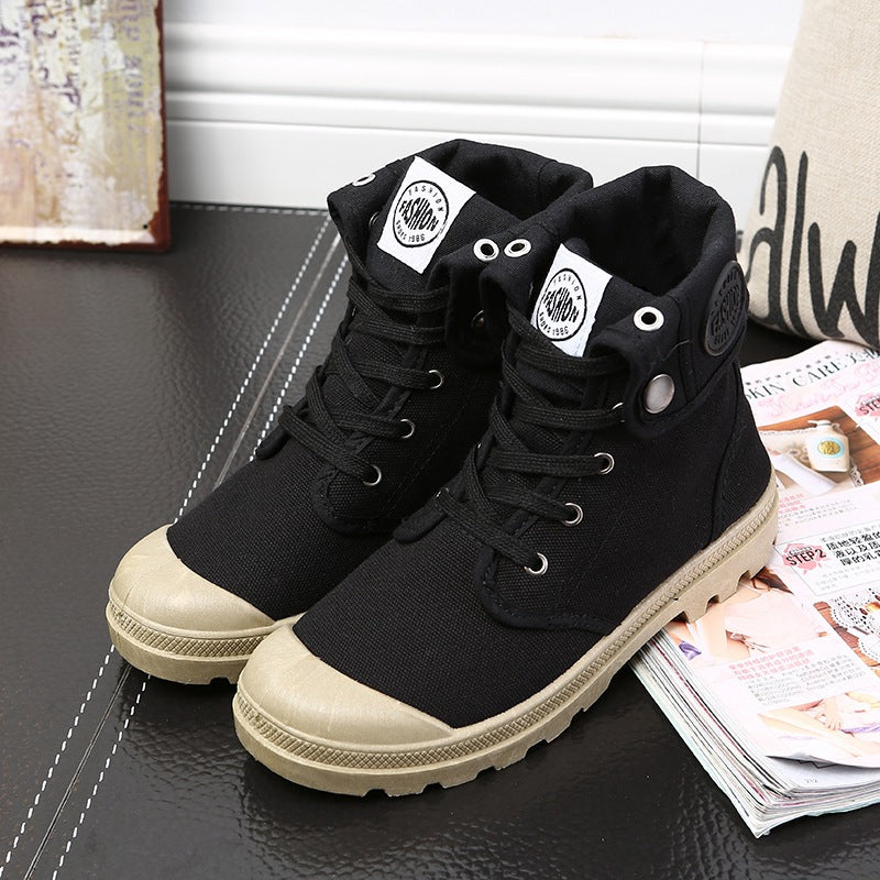 High Top Canvas Boots for Women — Lace Up Fold Over Style with Lug Sole