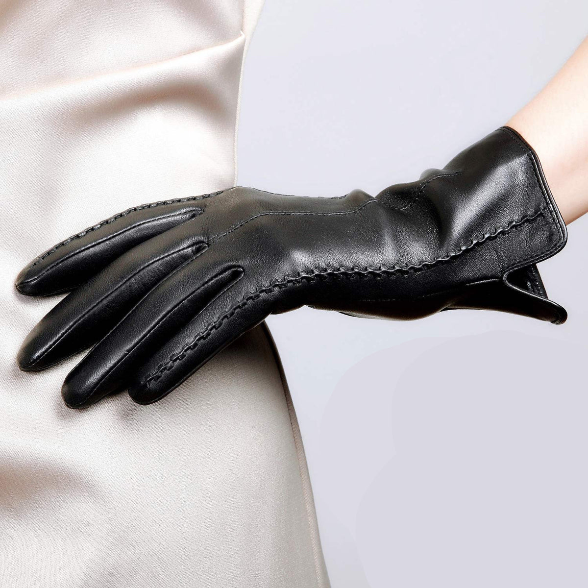 Black leather women's gloves with stitched cuff and five-finger design
