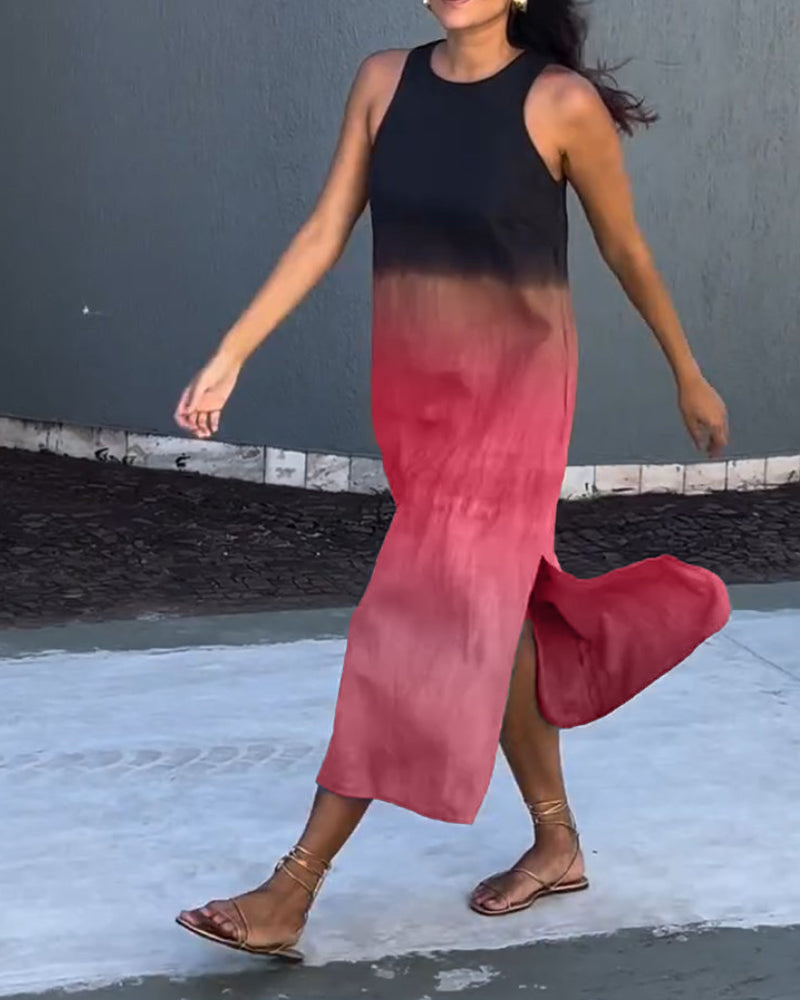 Ombre midi dress, sleeveless crew neck with side slit in red and dark gray