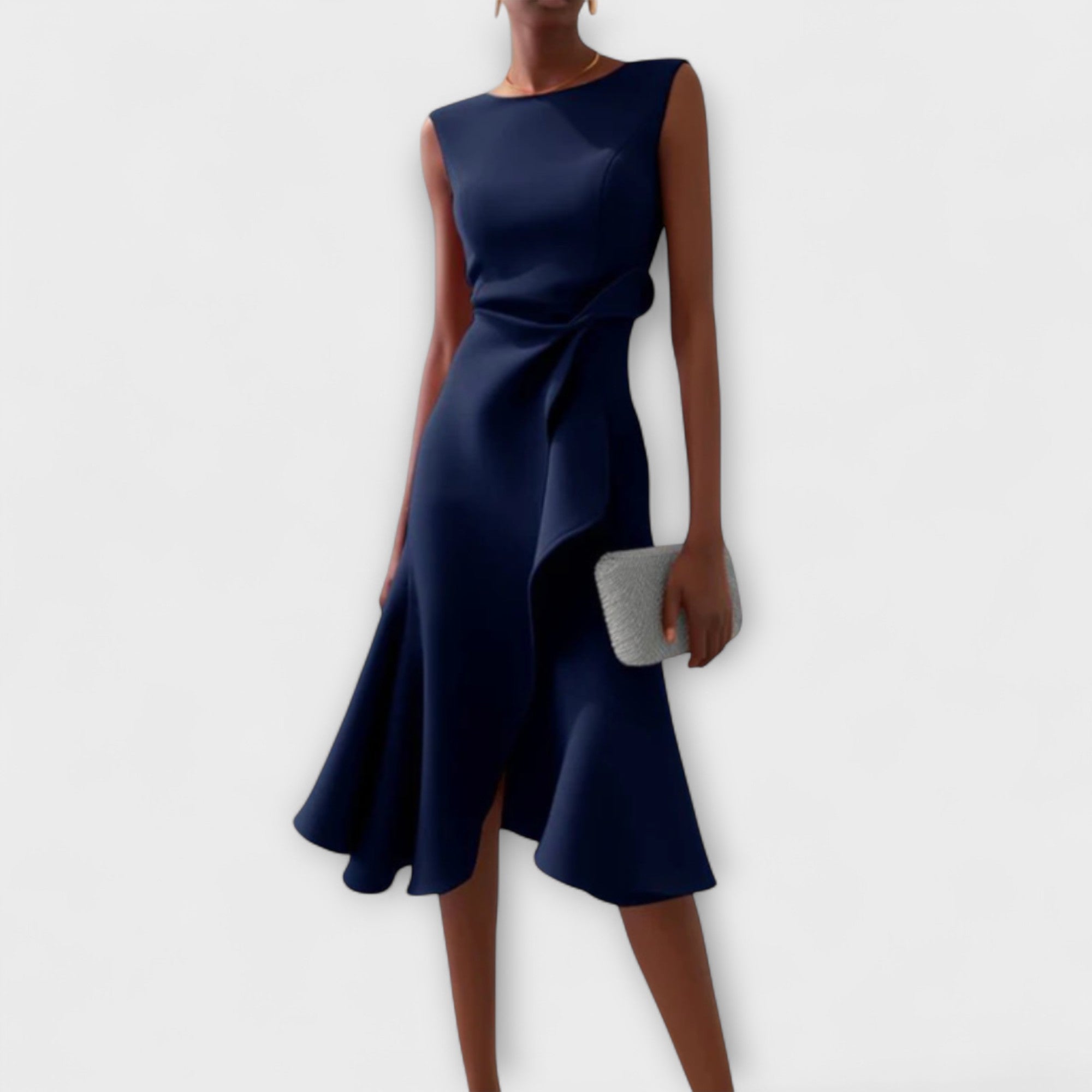 Navy sleeveless crepe midi dress with draped waist and asymmetric ruffle hem