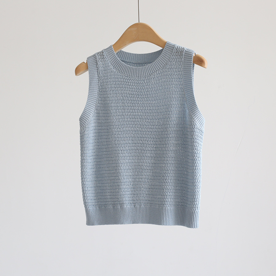 Light blue cotton open-knit crochet tank top with sleeveless ribbed crew neck